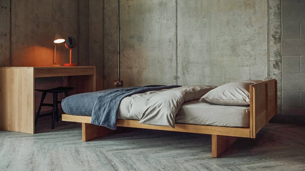 platform bed, wooden bed frame, modern bed, bedroom furniture, low profile bed, brand awareness, lifestyle, minimalist, calm, luxurious, neutral, brown